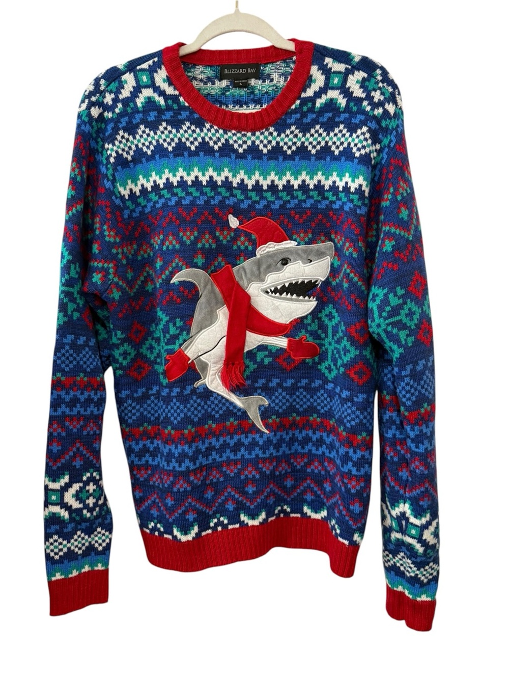 Blizzard Bay Shark Christmas Fair Isle Ugly Sweater Blue Red Unisex Large